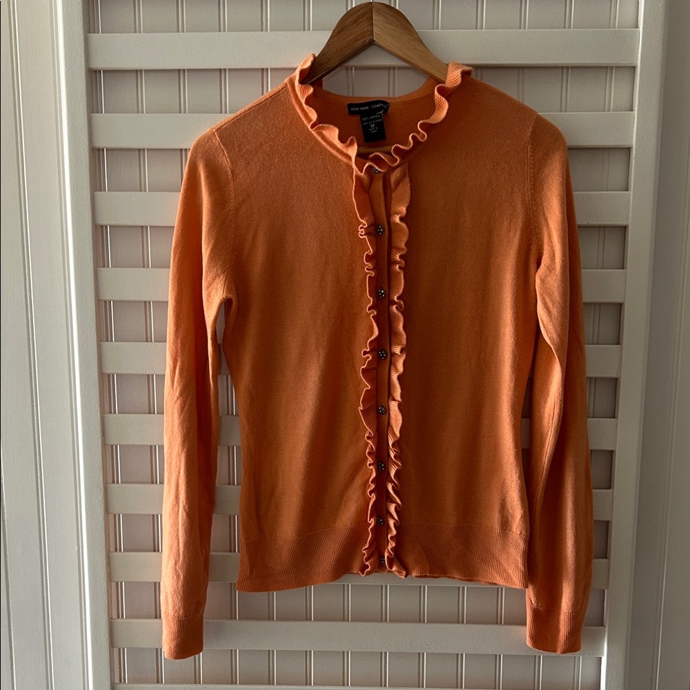 New York & Company Orange Ruffle-Trim Cardigan Sweater